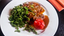 Roasted leg of venison, in September herb sauce, baked herb tomato, green nettle Knöpfle.